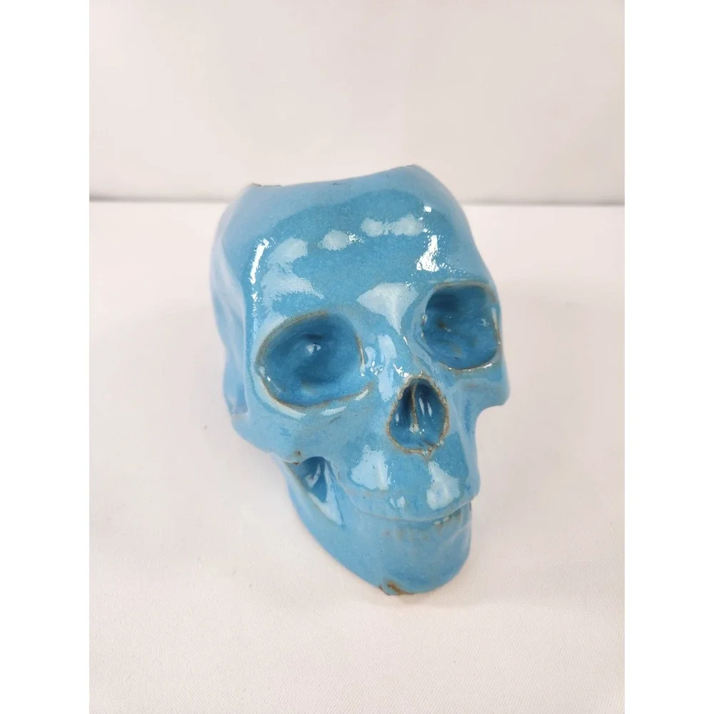 Large Human skull planter pot ceramic Artisan Handmade Art Blue Decor Ohio